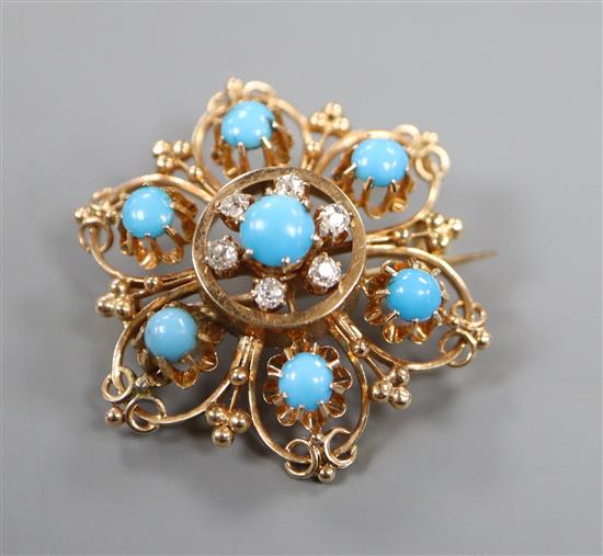 A 585 pierced yellow metal, turquoise and diamond set flower head brooch, 32mm.